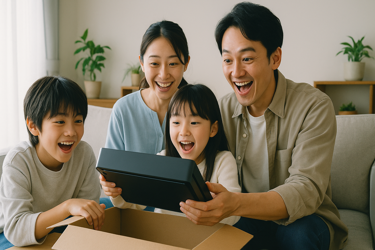 A happy family unboxes a next-gen gaming console at home with smiles and excitement