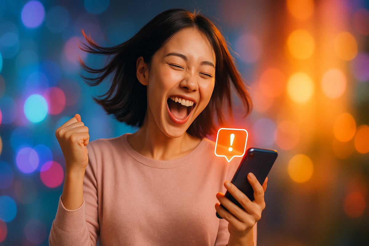 スマホの通知に歓喜する女性、Switch2抽選結果を確認中
