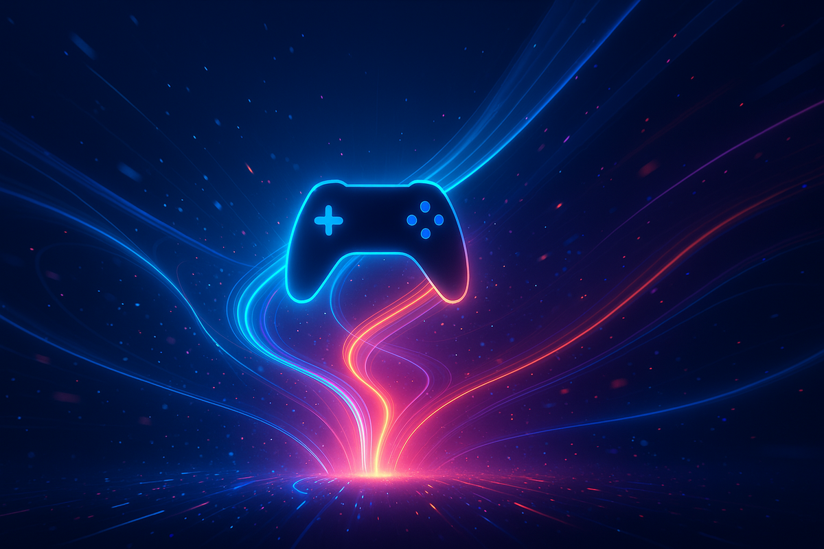 ネオンライトに浮かぶゲームコントローラー、次世代ゲームの世界観