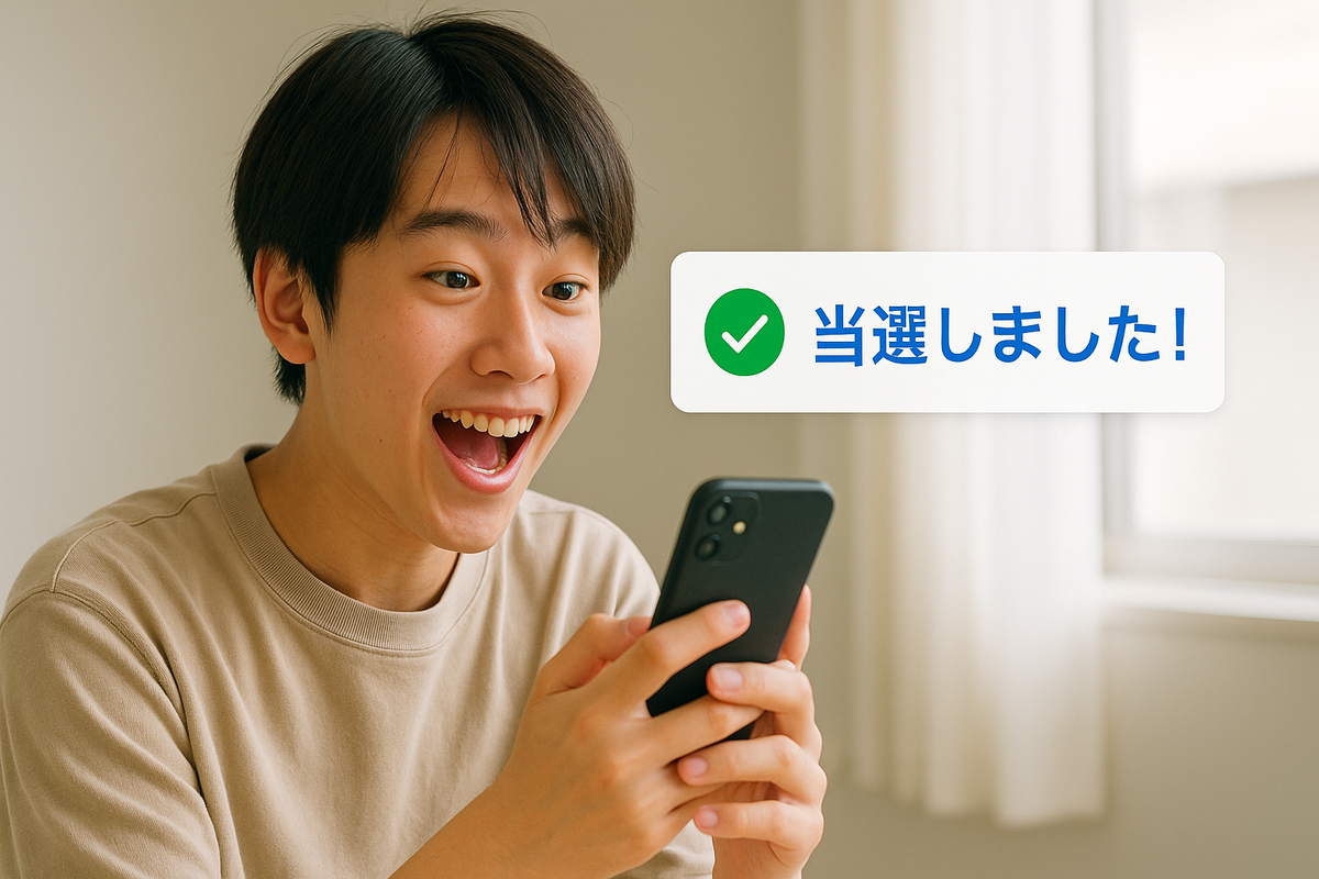 Nintendo Switch 2抽選に当選して喜ぶ若者の写真｜スマホで当選通知を確認中