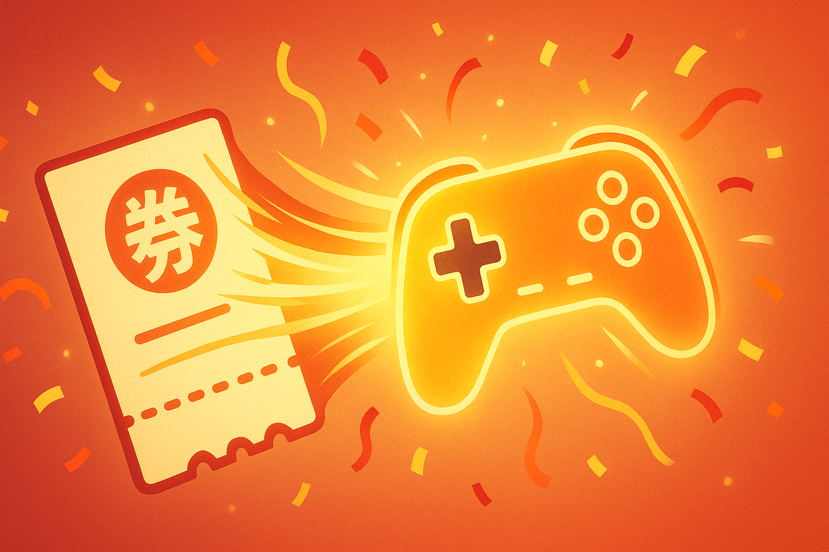 ゲーム抽選券とコントローラーが光り輝くイラスト｜Switch2抽選を連想させるポップなビジュアル