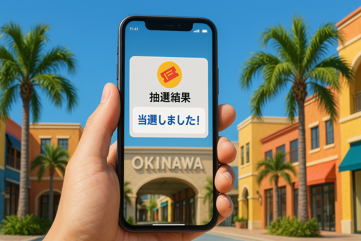 iAEONアプリの抽選結果通知画面を表示するスマートフォンと、沖縄のイオン風ショッピングモールの背景。晴れた青空と南国のヤシの木が印象的な、当選を知らせるビジュアル
