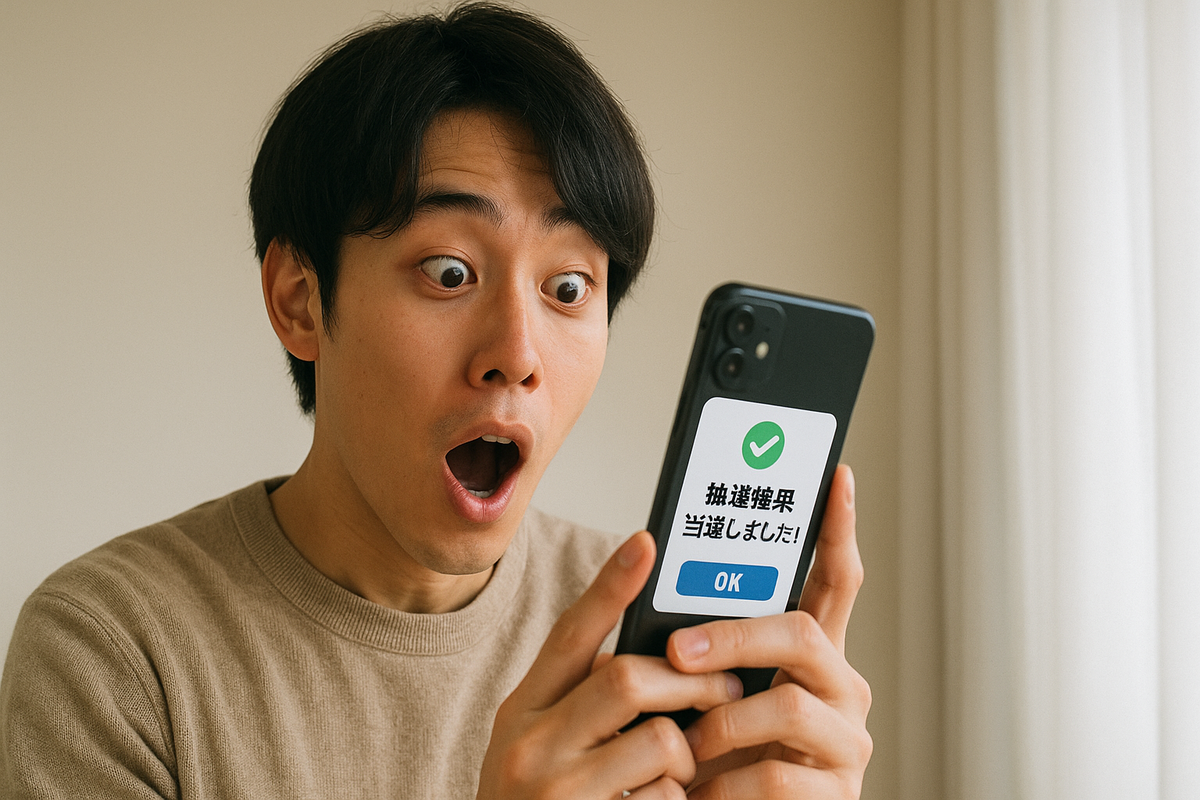 抽選結果をスマートフォンで確認し、「当選しました！」の画面を見て驚き喜ぶ男性のリアクション。明るい室内と自然な表情が印象的なシーン