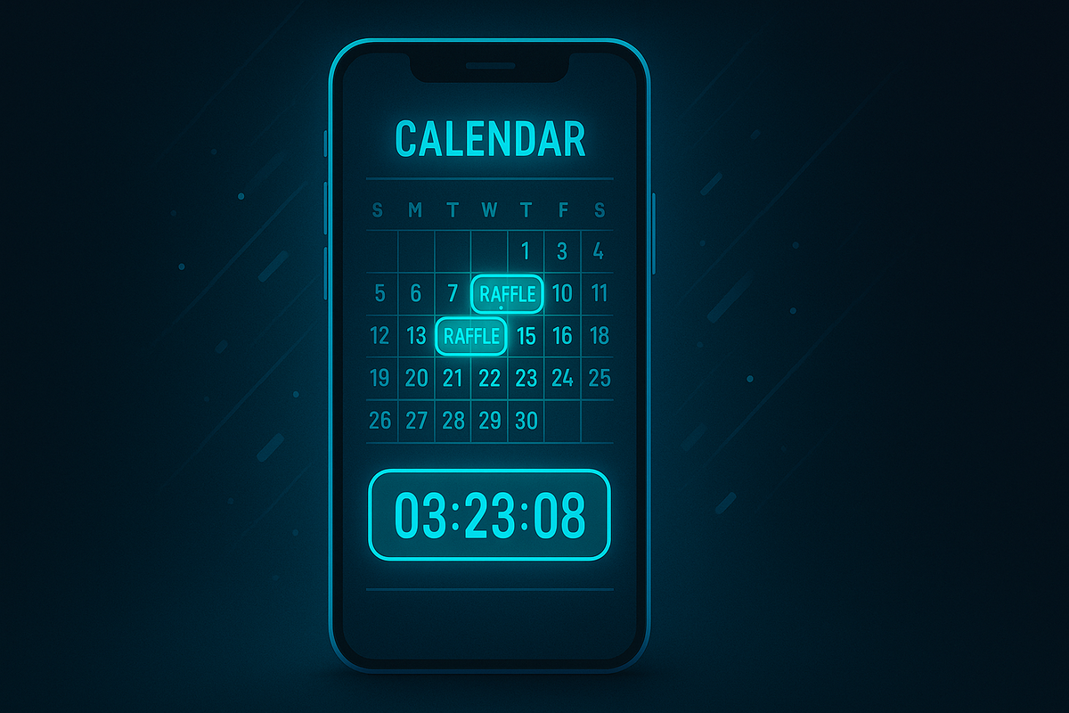 Digital raffle calendar with countdown timer on smartphone screen
