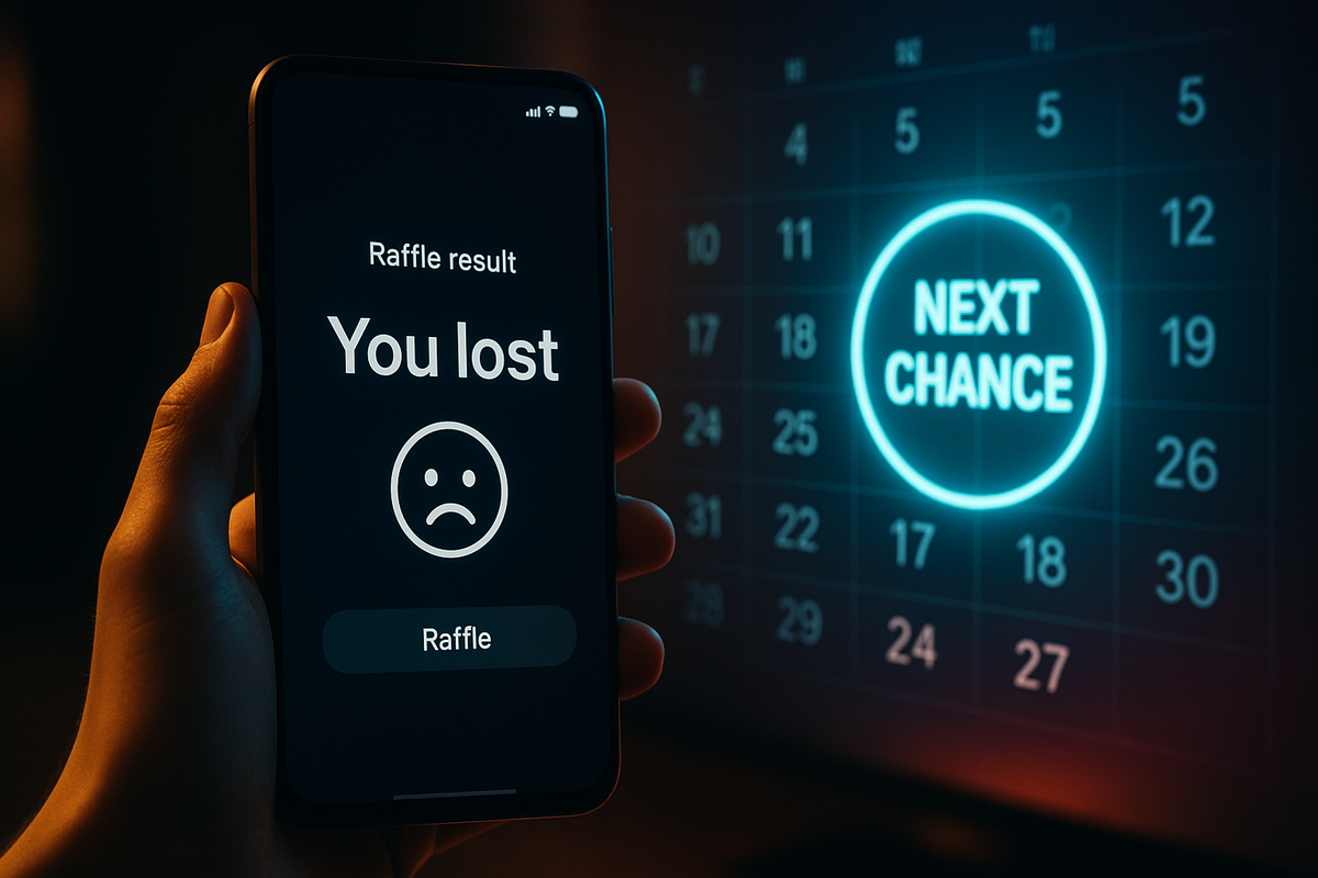 Raffle result showing "You lost" on smartphone with a glowing calendar marked "Next Chance