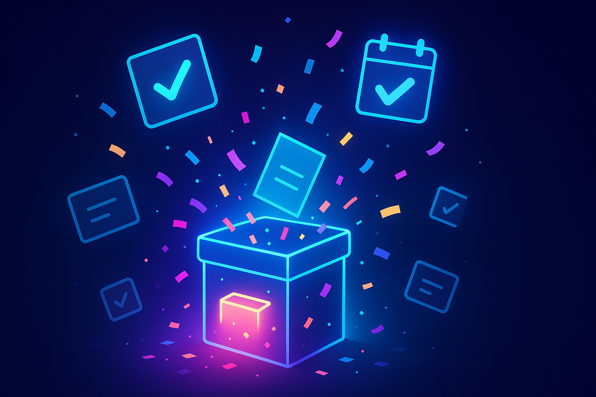 Bright glowing raffle box with paper entry and calendar icons, surrounded by confetti