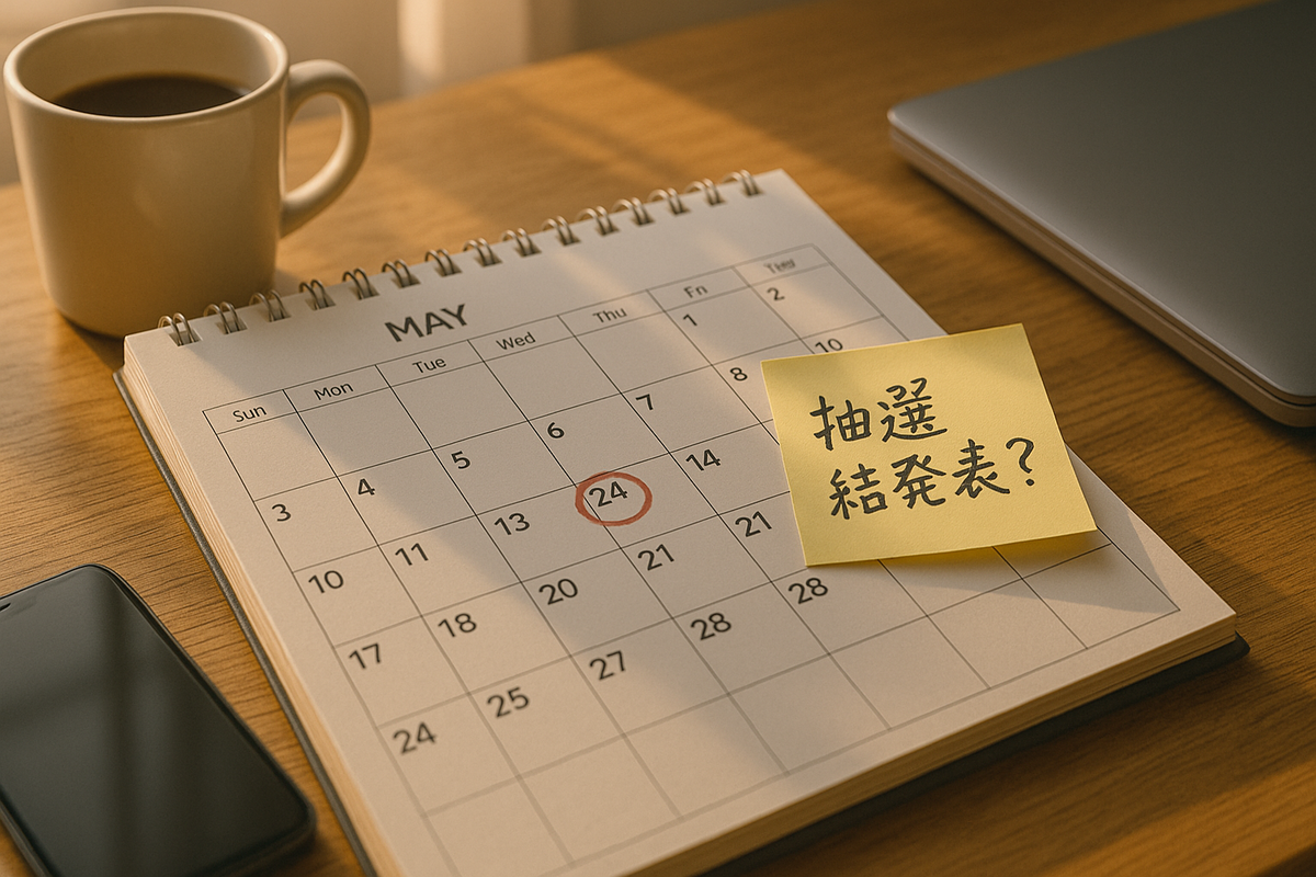 Desk with a calendar marked May 24, a note reading '抽選結果発表?' placed next to it — waiting for lottery result day announcement