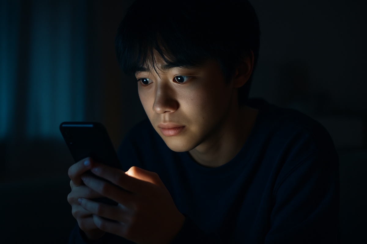 Young person anxiously checking smartphone in a dark room — waiting for important lottery notification result