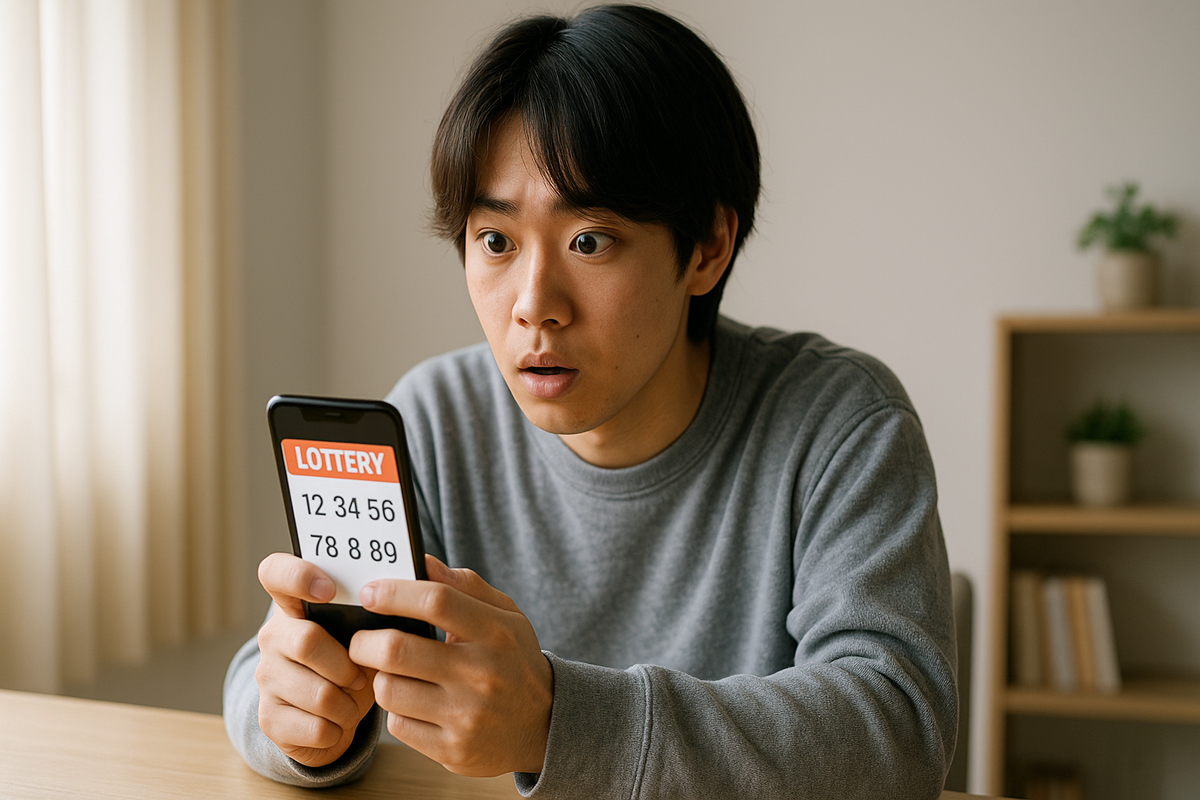 スマホで抽選結果を確認して驚く男性の表情（Switch2抽選発表イメージ）