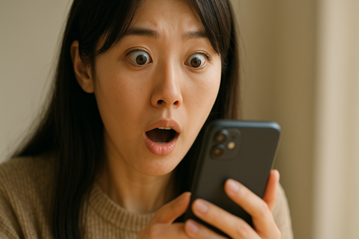 スマホ画面に驚いた女性のアップ、抽選結果の通知を見た瞬間を捉えたイメージ