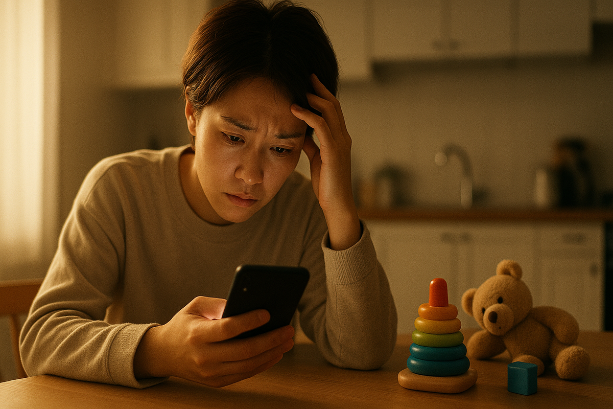 A worried young parent staring at a smartphone in a dimly lit kitchen, with toddler toys and a teddy bear on the table — concept of missing important notifications.
