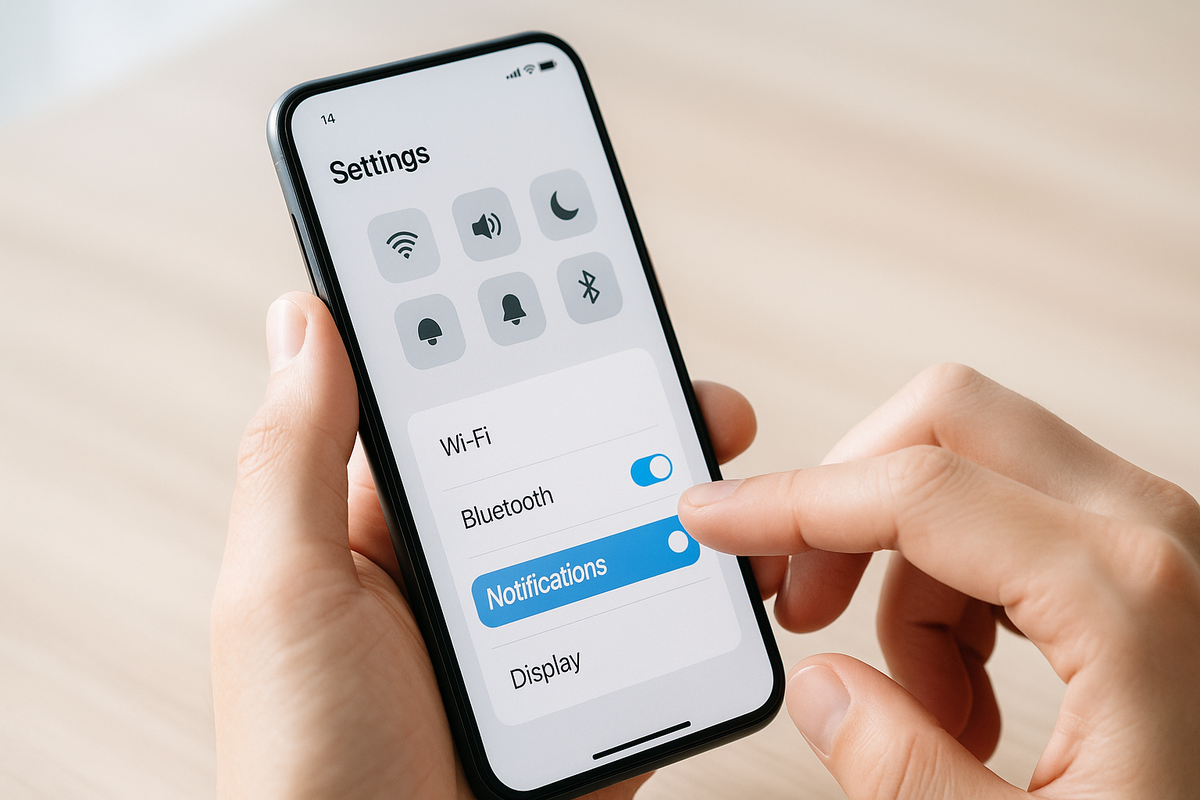 A person adjusting the smartphone notification settings by tapping the "Notifications" option in the settings menu — concept of ensuring alerts are enabled.
