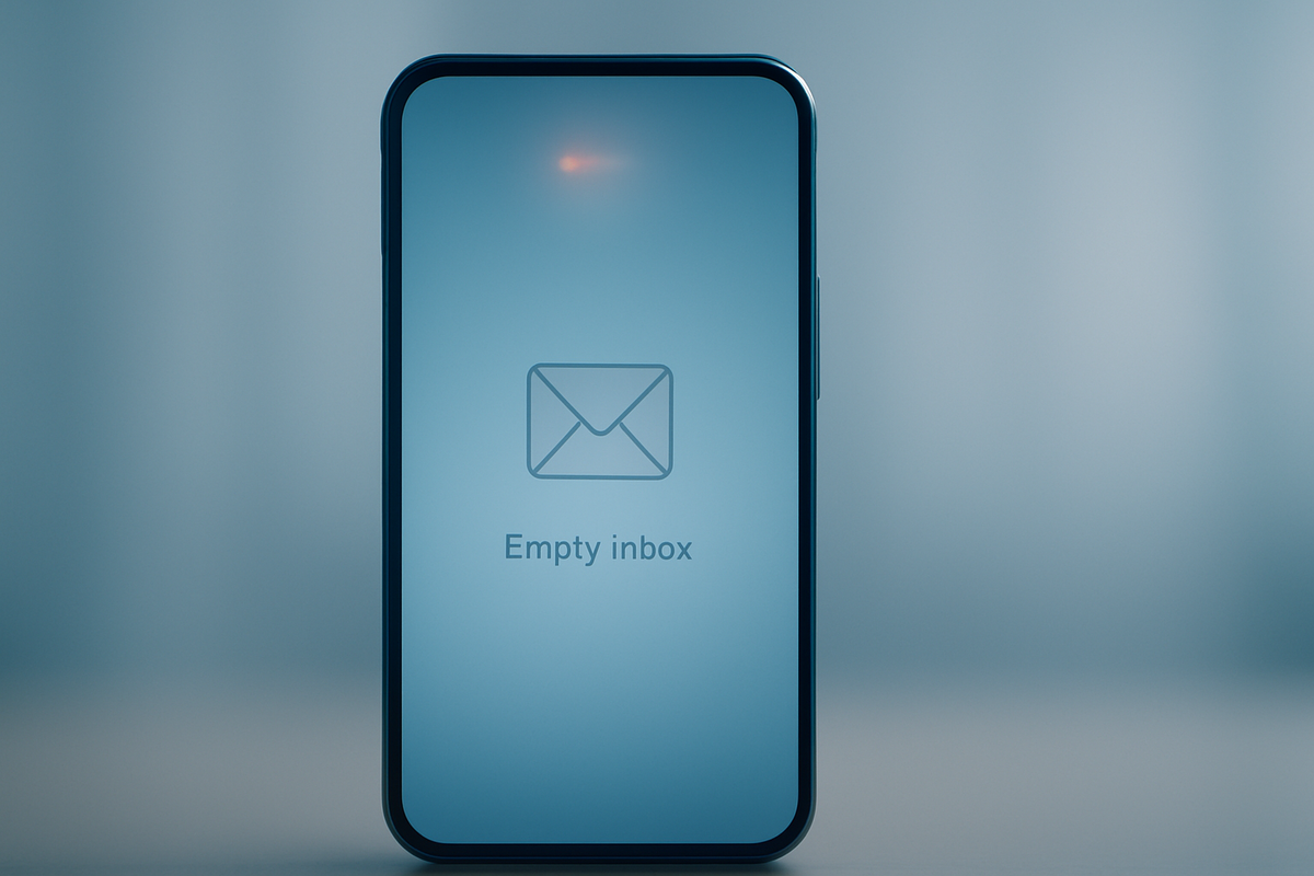 A smartphone screen displaying “Empty inbox” with a mail icon — symbolizing the absence of email notifications or missing messages.