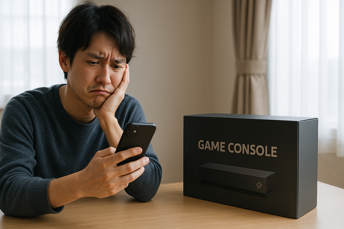 A disappointed man staring at his phone with a new game console box, suggesting regret or frustration over a game console purchase.