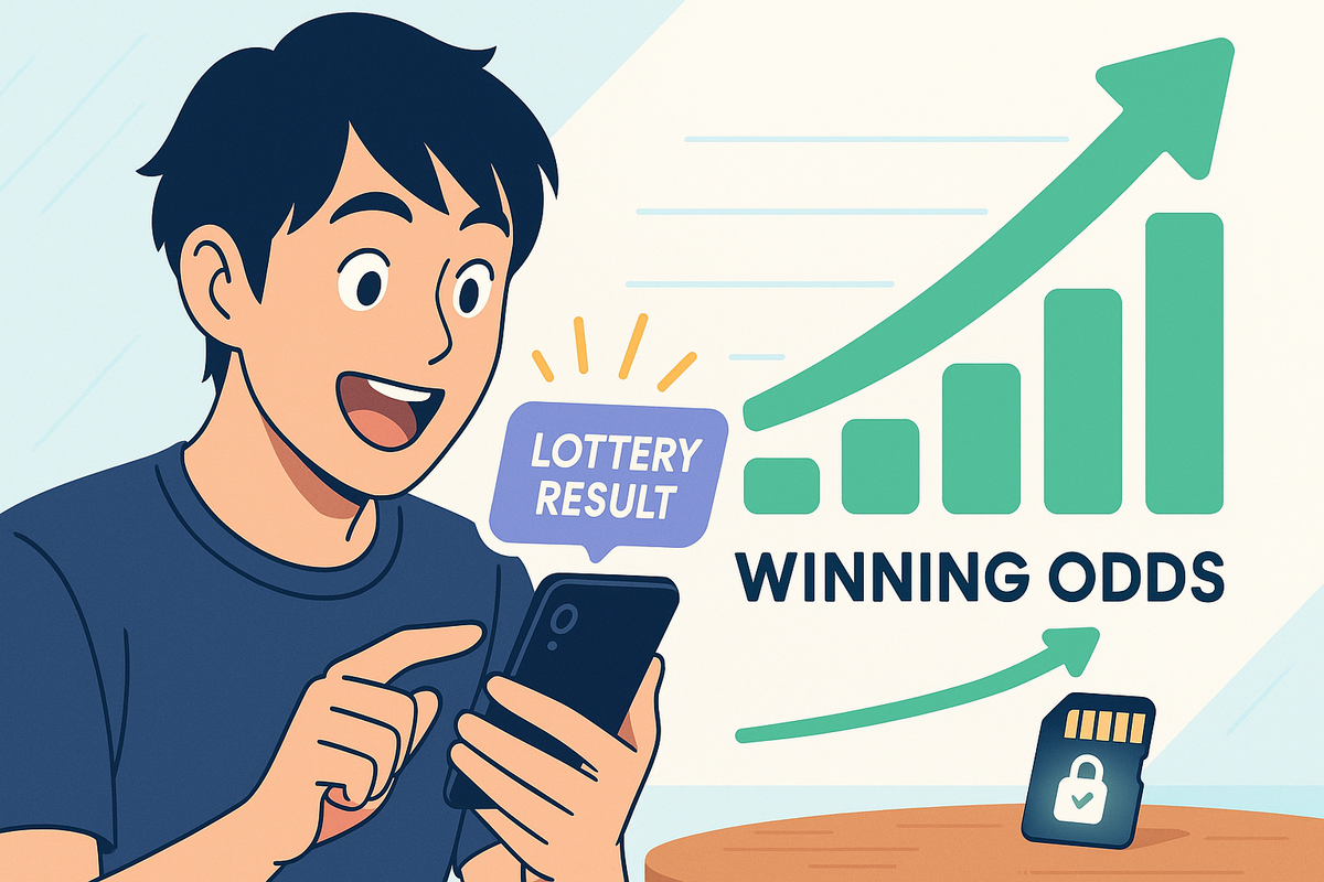 A happy man looking at a smartphone with a rising bar graph and the words "LOTTERY RESULT" and "WINNING ODDS", suggesting improved chances of winning