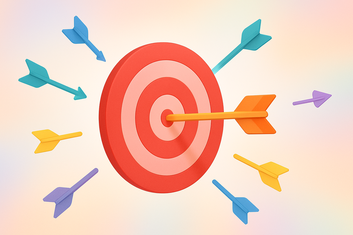 Multiple arrows surrounding a red bullseye target, with one orange arrow hitting the center — symbolizing a successful strategy among many missed attempts.