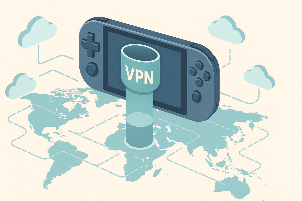 世界地図上にVPN接続された携帯ゲーム機｜海外から日本語ゲームにアクセスするイメージ