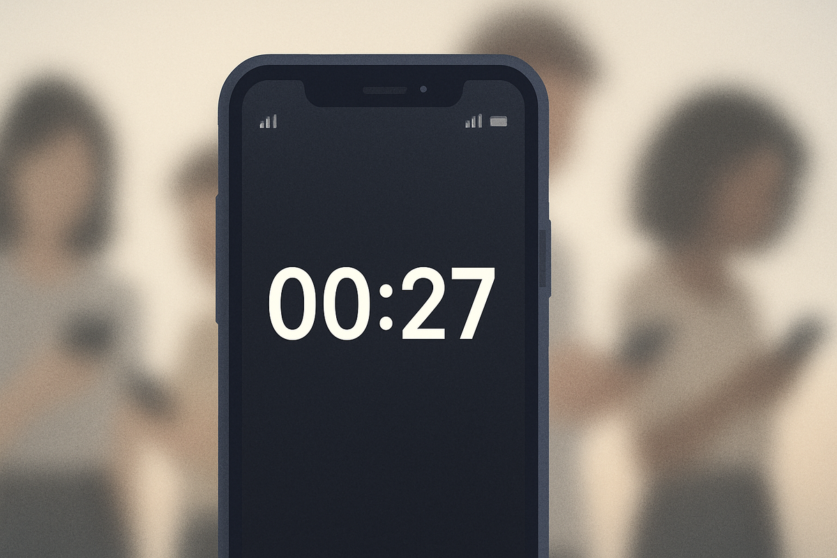 カウントダウン表示のスマートフォン画面に『00:27』と表示され、背景にはスマホを見つめる人々がぼんやり映るイラスト。抽選発表直前の緊迫感を表現。