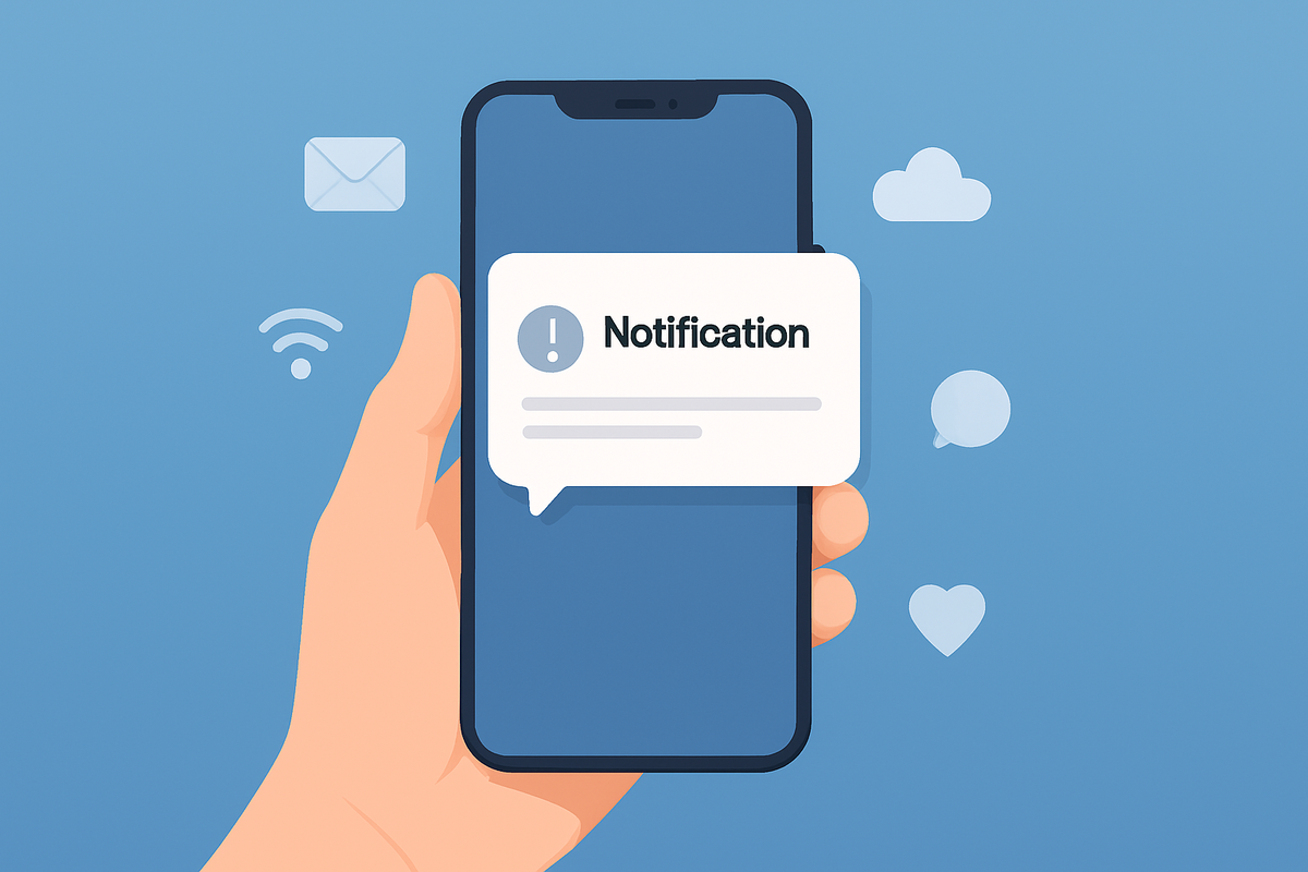 スマートフォン画面に届いた通知メッセージを確認しているイラスト」