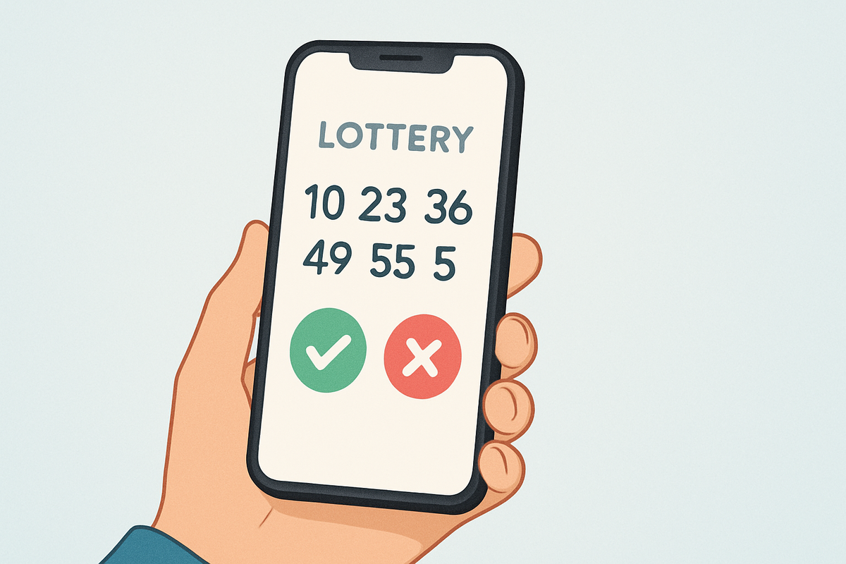 スマートフォンに表示された抽選結果画面。6つの数字と「当選」「落選」のチェックマーク付きボタンが表示されている。