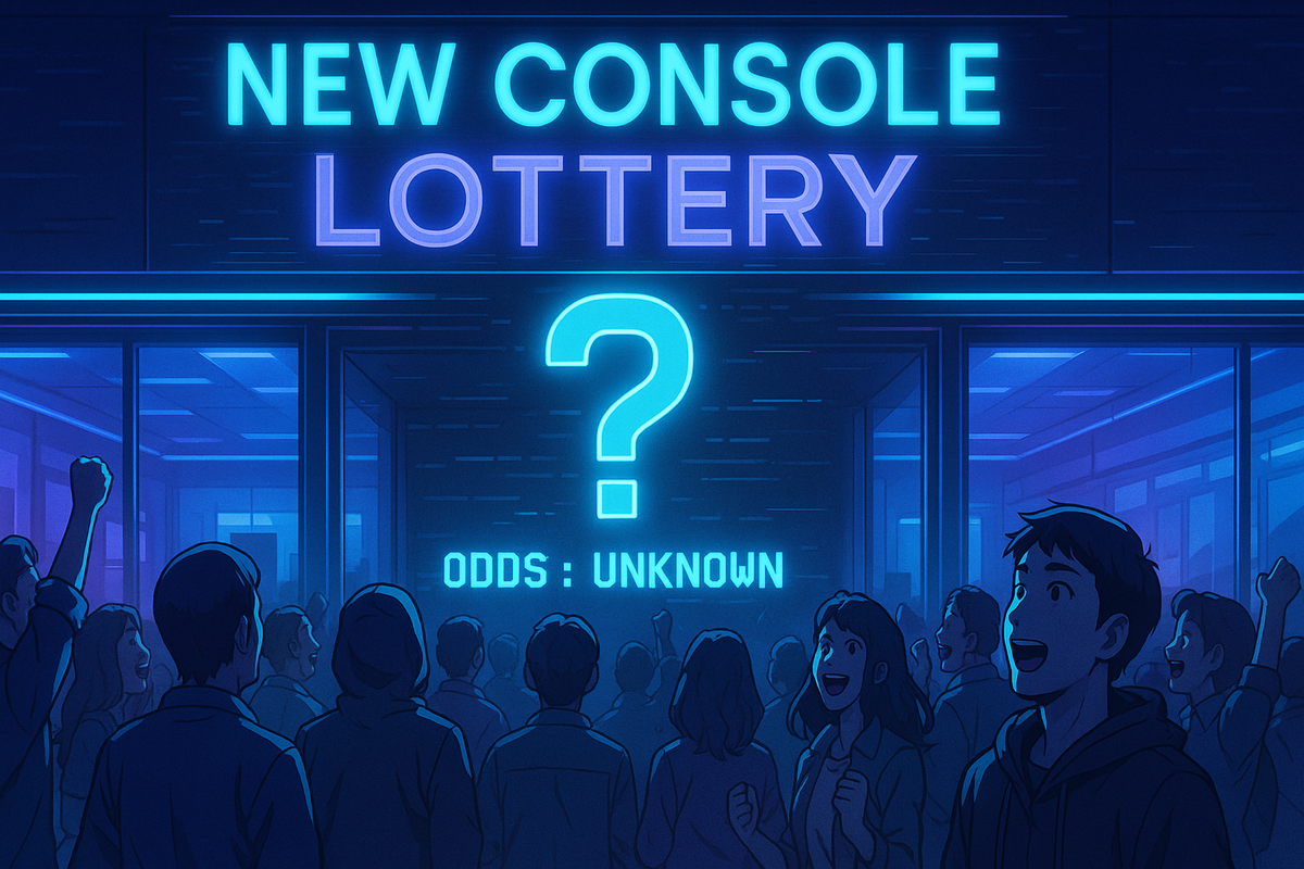 Crowd waiting for a new game console lottery at night, glowing sign says “ODDS: UNKNOWN” with a large question mark.