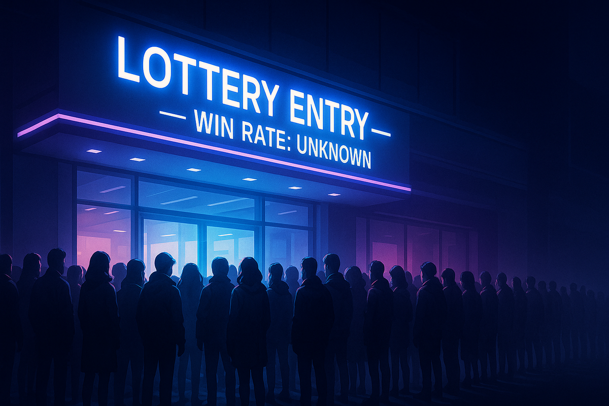 People lining up quietly at night under a glowing sign that reads "LOTTERY ENTRY – WIN RATE: UNKNOWN".