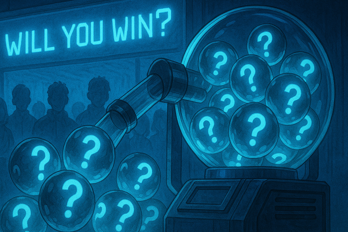 A robotic arm picks glowing question-mark lottery balls under a sign asking "WILL YOU WIN?" as a crowd watches.