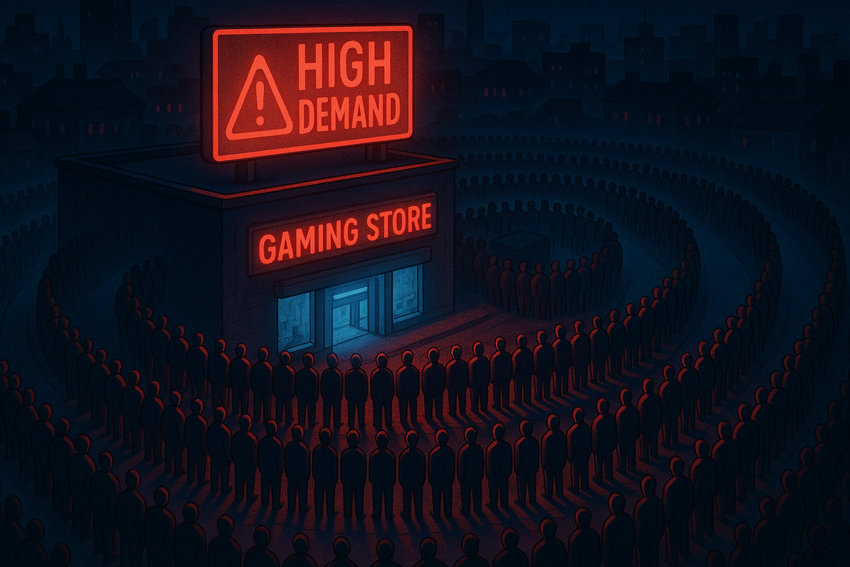 A massive crowd spirals around a gaming store under a glowing red "HIGH DEMAND" sign, highlighting overwhelming demand.