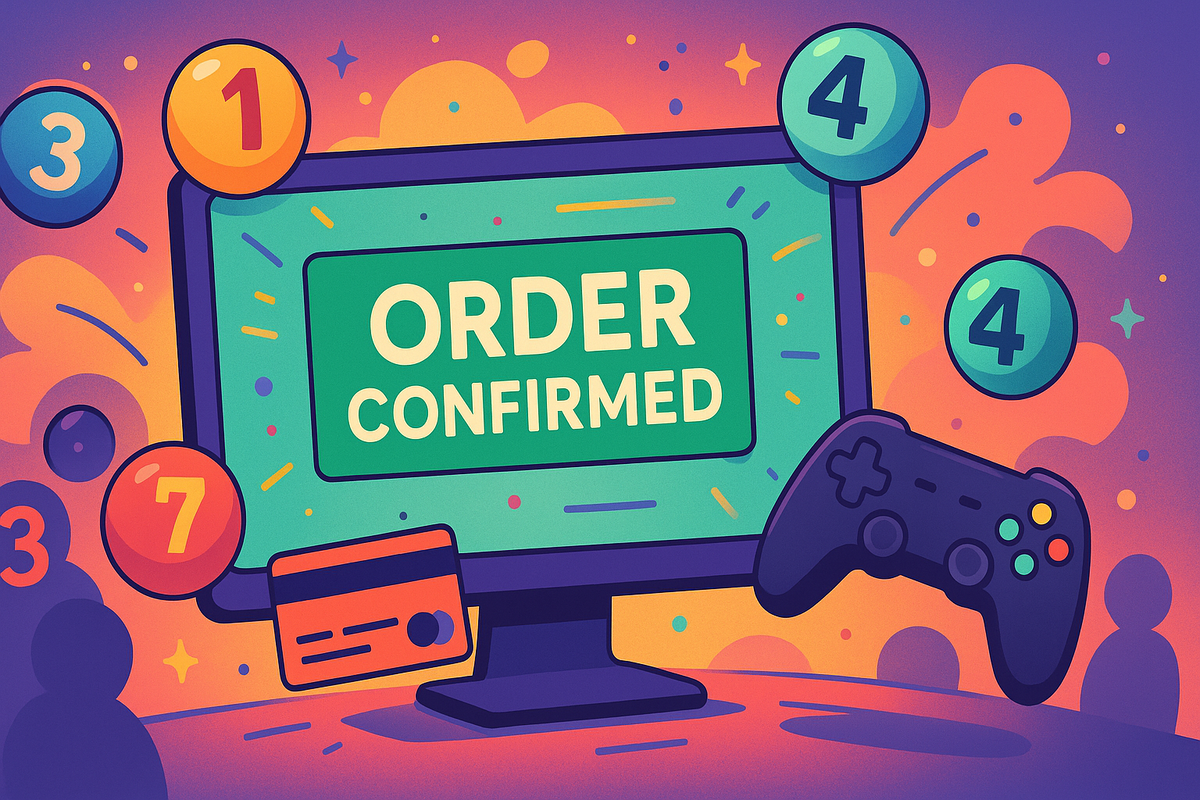 ゲーム機の抽選に当選し、注文が確定したことを示すカラフルなイラスト。コントローラーとカードが描かれている。