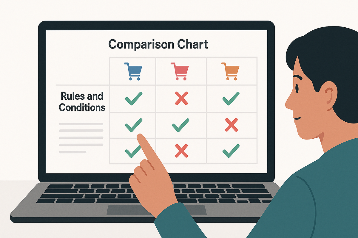 A person comparing online shopping platforms on a laptop screen with a clear rules and conditions chart, featuring checkmarks and cross marks
