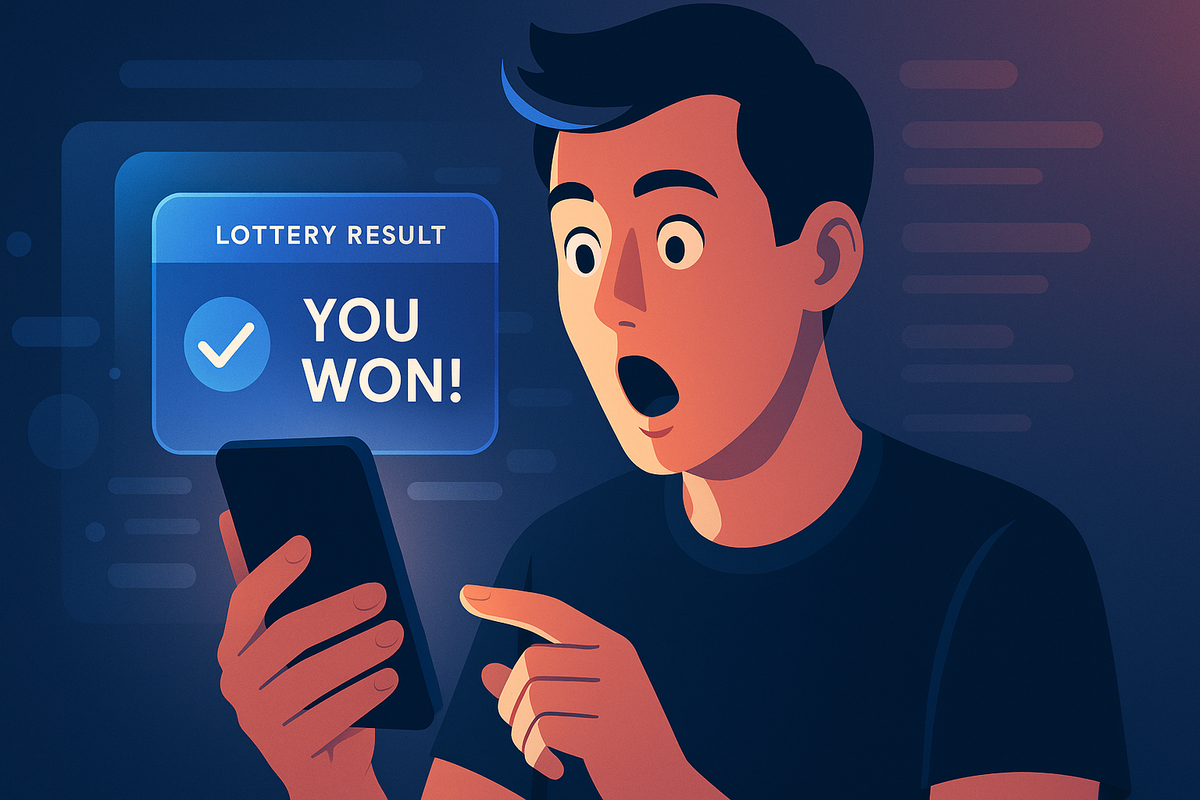 Lottery result screen saying 'You won!' with surprised man checking smartphone
