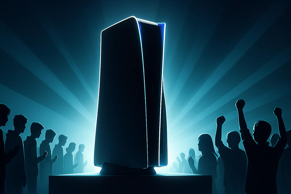 People celebrating around a glowing, futuristic gaming console on a pedestal, with radiant blue light beams in the background.