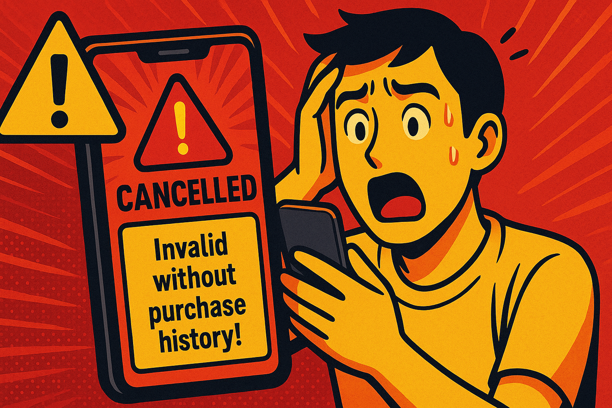 A shocked man looking at his smartphone screen showing "CANCELLED" and a warning: "Invalid without purchase history!"
