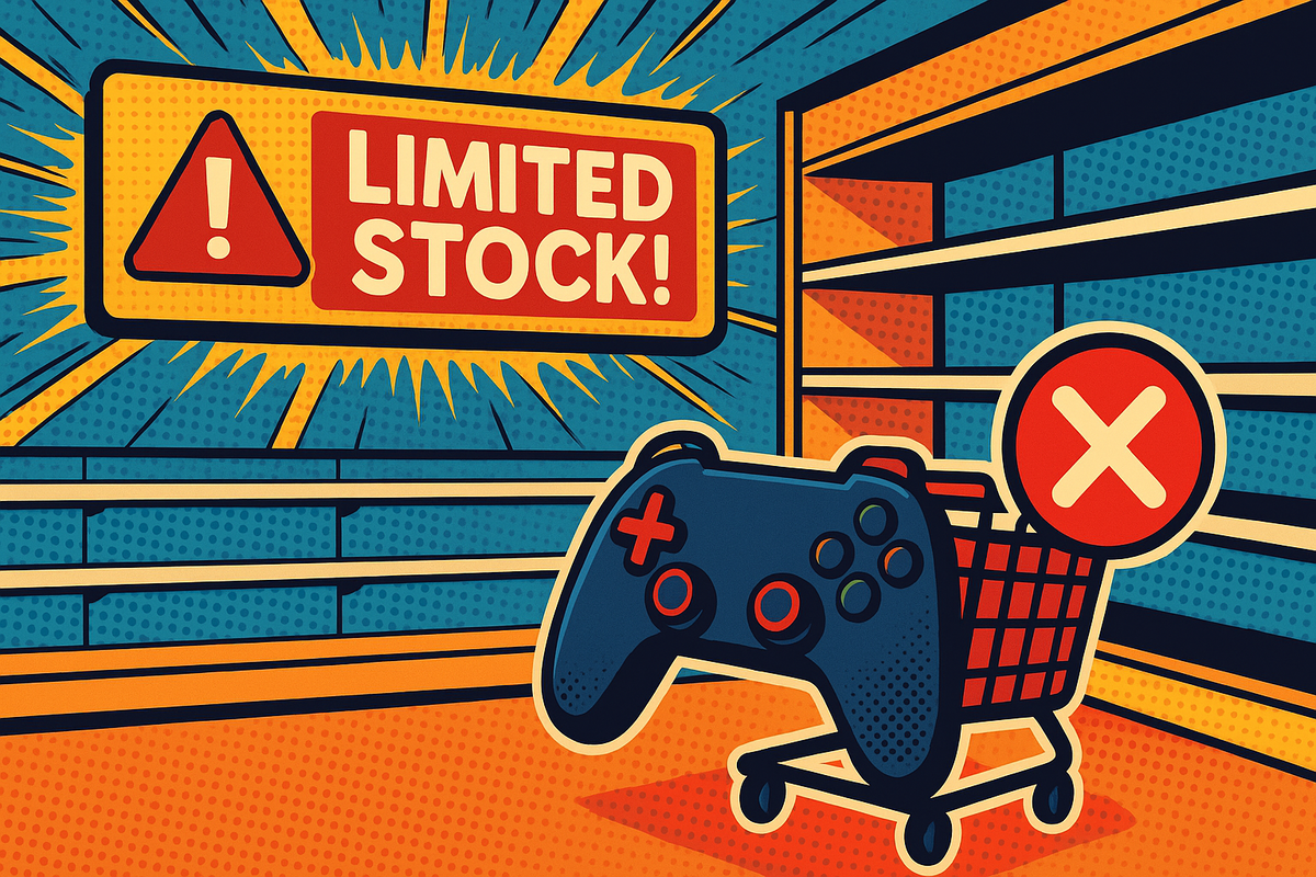 空の棚とゲームコントローラー、警告マークと「LIMITED STOCK!」の文字が描かれたポップアート風の画像。ゲーム機の品薄状態と販売情報の緊急性を示唆。