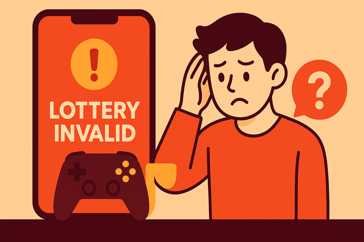 「抽選は無効」の警告をスマートフォンで確認して困惑する男性とゲームコントローラーのイラスト。Switch抽選に関連する警告のイメージ。
