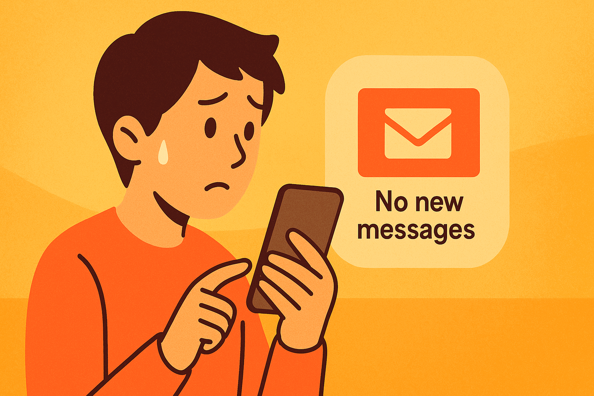 No new messages と表示されたスマホを見て不安そうな男性