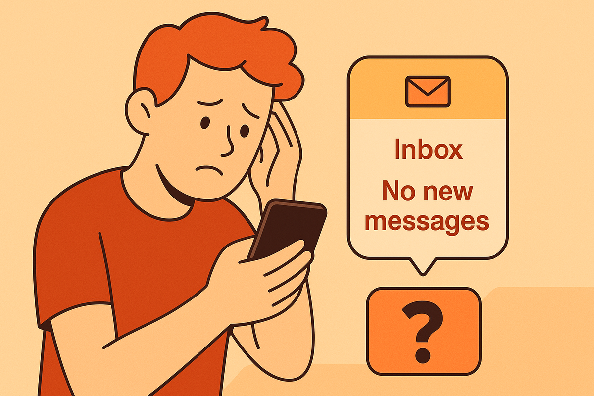 スマホのメッセージを確認するも、新着がなく困惑する男性