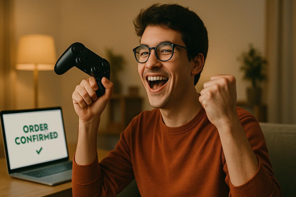 ゲーム予約に成功してガッツポーズを決める男性。「ORDER CONFIRMED」の表示に大喜びする様子。