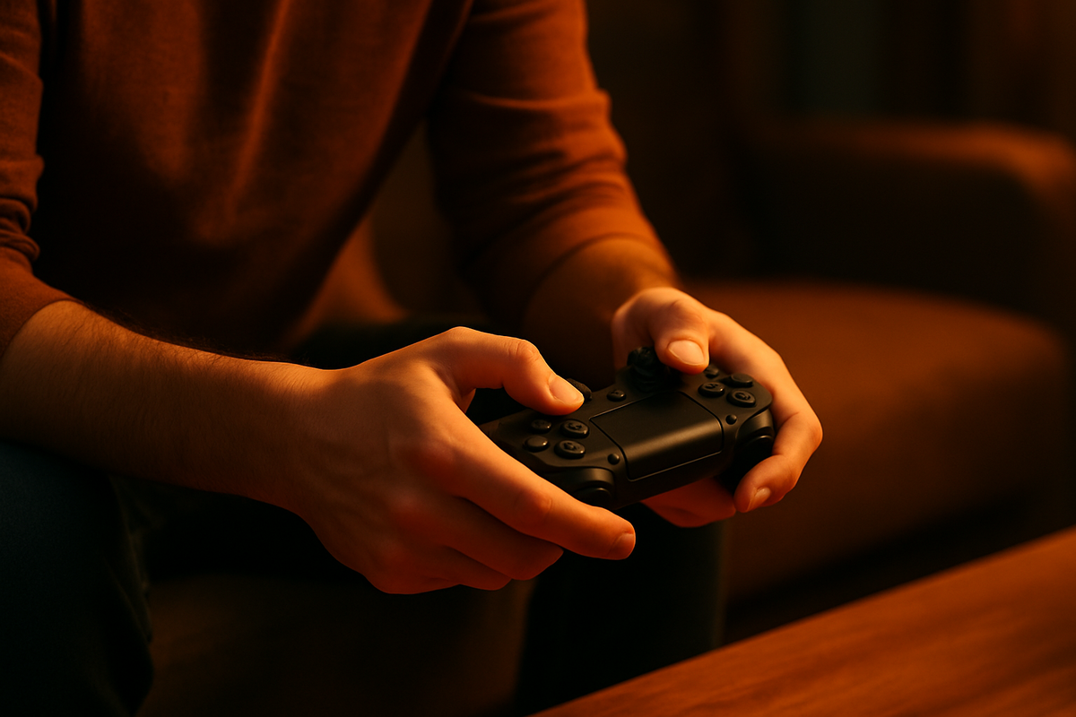 A close-up of a person holding a wireless game controller in warm lighting, focusing on their hands and the controller. Perfect for articles about gaming, tech reviews, or pricing trends.