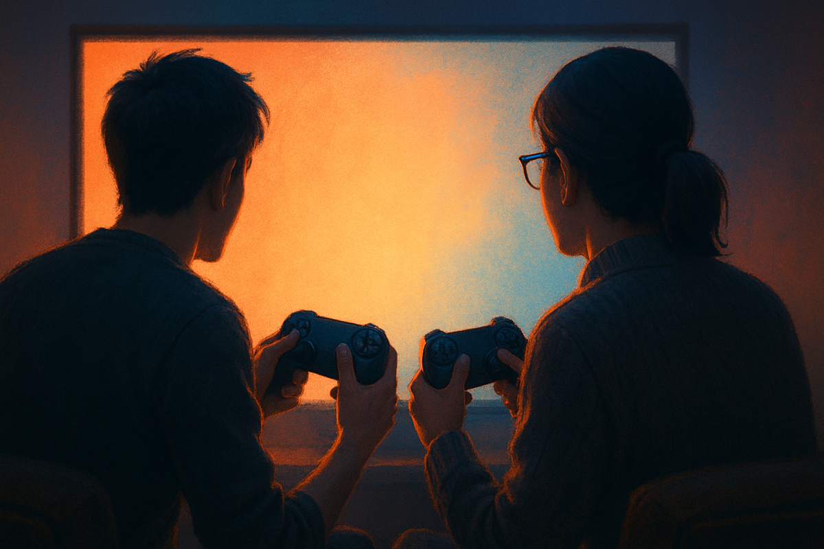 Two people playing video games together in front of a bright screen, holding controllers in a cozy, dimly lit room. Ideal for articles about gaming lifestyle, multiplayer trends, or couple gaming.