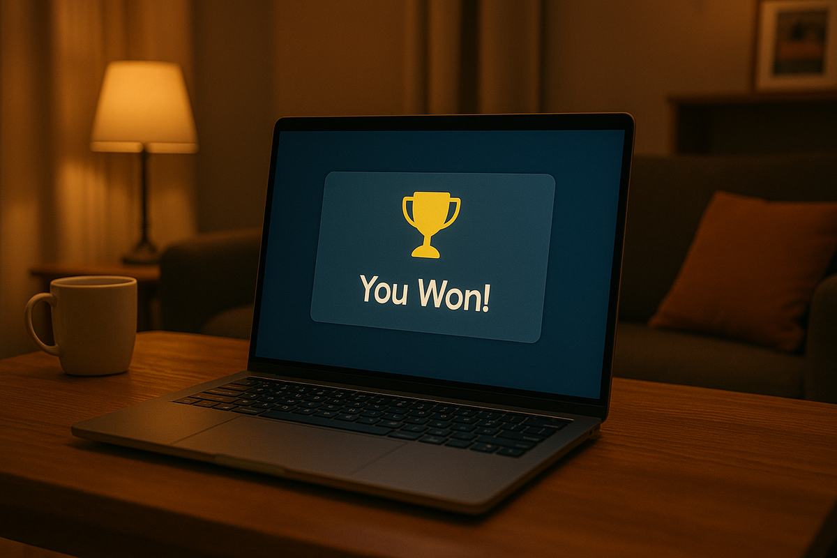 ノートパソコンの画面に「You Won!」とトロフィーアイコンが表示され、Switch2抽選当選を示すシーン