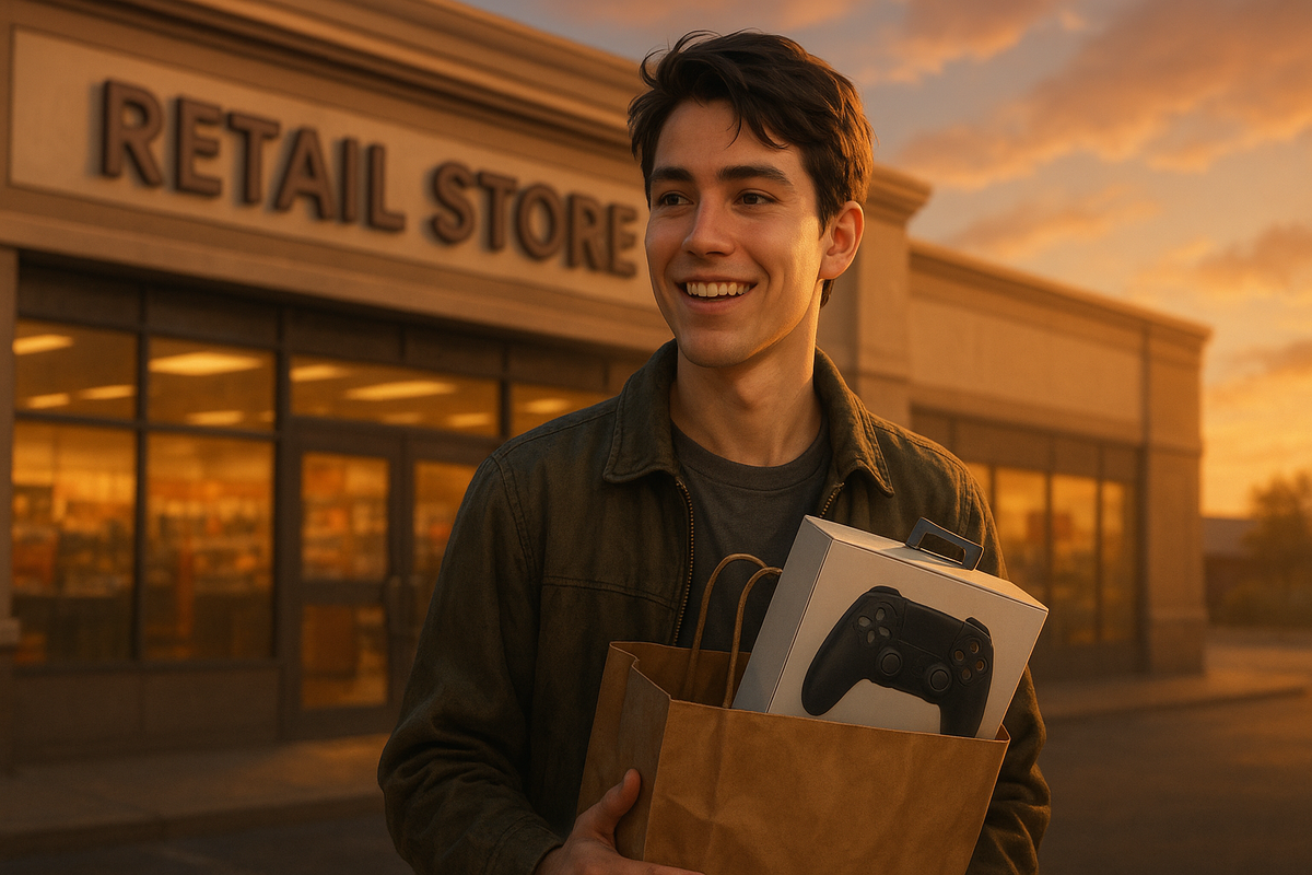 A happy young man holding a game controller box in front of a retail store at sunset, symbolizing a successful in-store purchase.