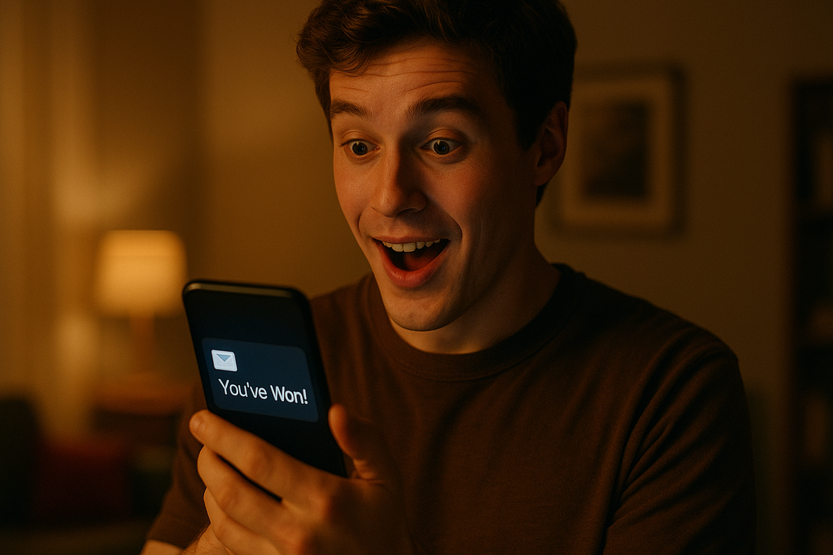 A surprised young man looking at his smartphone with a "You've Won!" notification, expressing excitement after receiving a lottery result.
