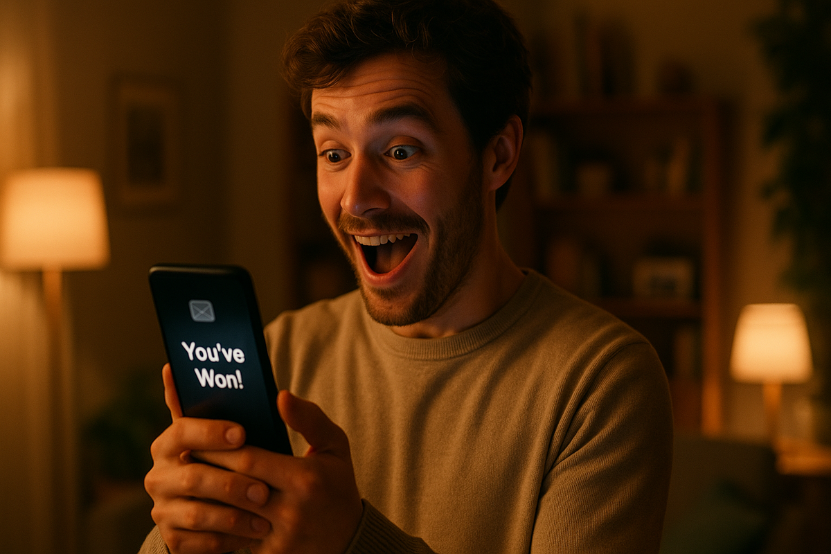 An excited man holding a smartphone with a "You've Won!" email notification on screen, celebrating a lottery win at home.