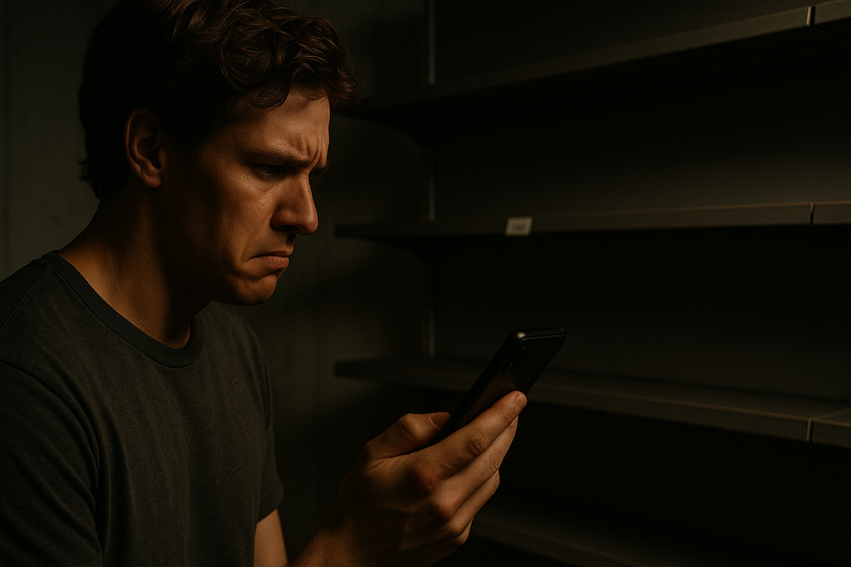 A frustrated man looking at his smartphone in front of an empty store shelf, representing disappointment after failing to buy a gaming controller.