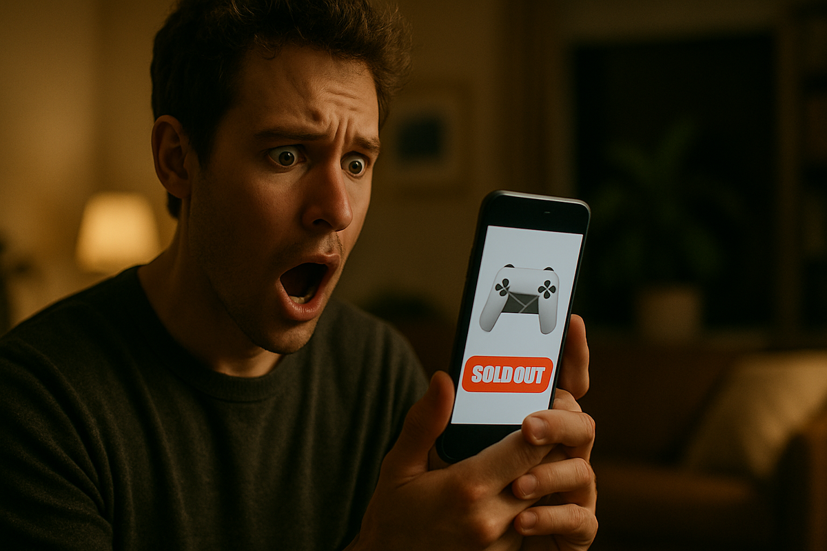 A shocked man looking at his smartphone showing a "SOLD OUT" message for a game controller, expressing disbelief after missing out on a purchase.