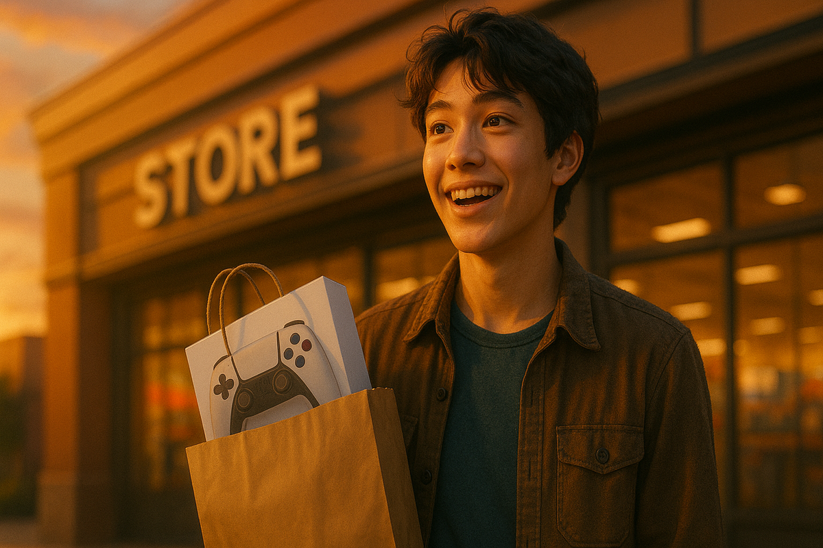 A smiling young man standing outside a store at sunset, holding a shopping bag with a new wireless game controller box inside, representing a successful in-store purchase.