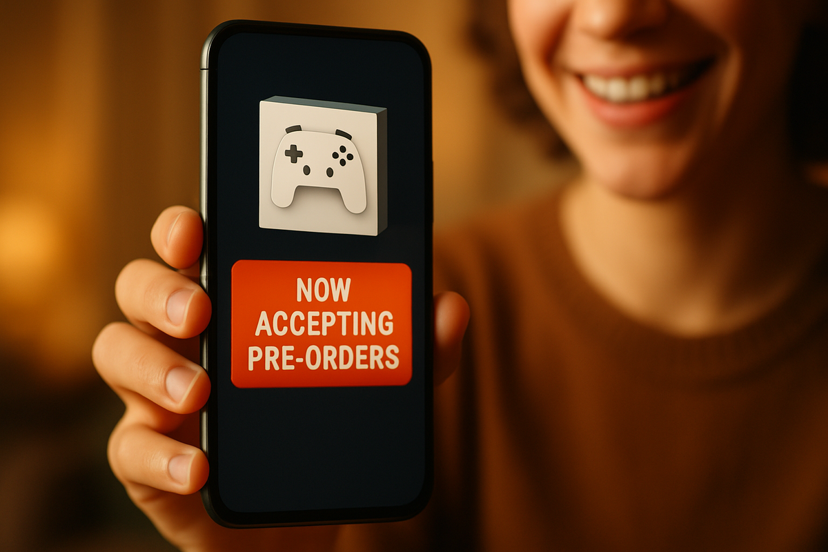 A person holding a smartphone with a "Now Accepting Pre-orders" message and a game controller icon, representing the opening of reservations.