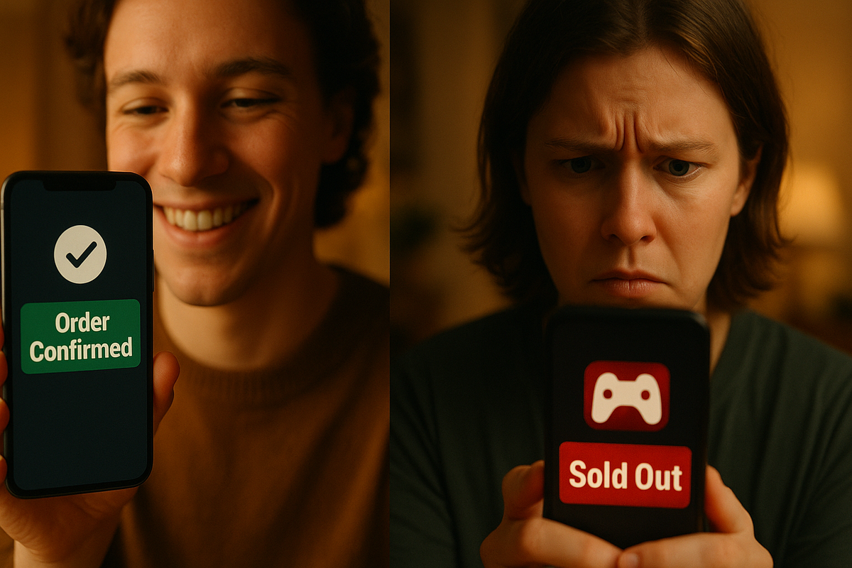 Split image showing a happy person with a smartphone screen saying "Order Confirmed" and a frustrated person with "Sold Out" displayed, capturing the contrast of success and disappointment.