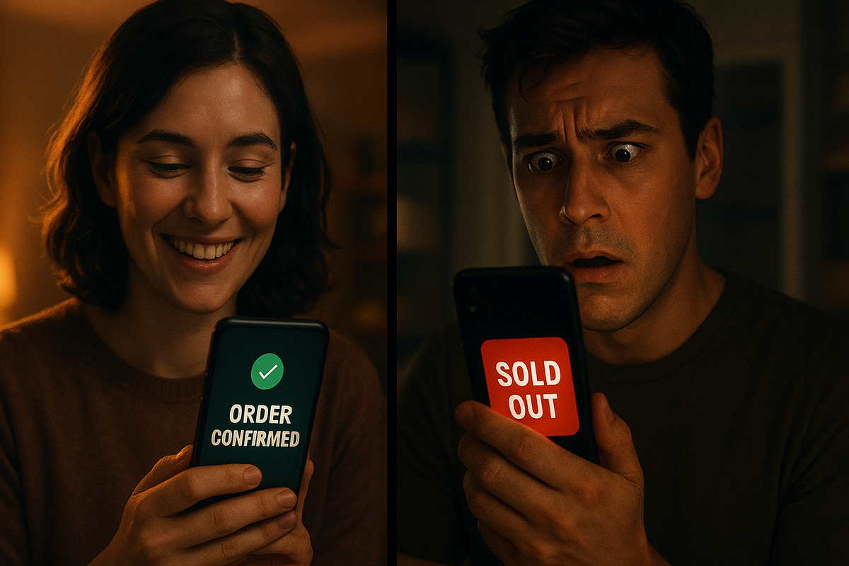 A split-screen showing a happy woman confirming her order on a smartphone, and a shocked man facing a "SOLD OUT" message. Emotionally expressive, 16:9 ratio, online shopping failure concept.